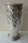Impressive Tall Sterling Vase Repousse Birds Flowers Presented To Walter Condit
