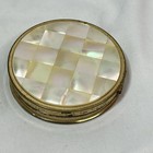 Vintage Max Factor Cream Puff Compact Art Deco White Pearl Weave Gold Trin Empty