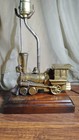 Vtg Brass Railroad Steam Train Locomotive Table Lamp Wood Base 11 works No Shade