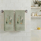2 Pcs Sage Green Wildflower Floral Embroidered Hand Towels For Bathroom  Cotton