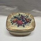 Vtg Small Floral Gold Tone   Beige Hinged Lid Tin Container   England 4 x3 x2   