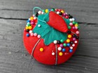 Vintage Tomato Push Pin Cushion Sewing Needle Holder With A Strawberry Sharpener