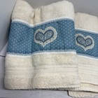 Vintage R a  Briggs Cream   Powder Blue Towels Set Embroidered Hearts 6 Pieces