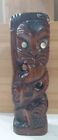 Vintage Hand Carved Wooden Maori Statue Tiki With Paua Shell Eyes