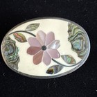 Vintage Mexican Signed Alpaca Silver Brooch Pin  Enamel Mother Of Pearl Abalone