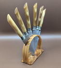 Vtg  German Art Deco Fruit Knife Set Yellow Lucite Faux Tortoise Shell   Caddy