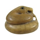Vintage Japanese Netsuke Carved Snake Tagua Nut Signed Figurine Glass Eyes