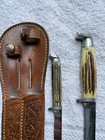 Queen Cutlery No80 Dual Hunting Knife Set W  Sheath Fixed Blade Vintage Minty