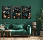 3pcs Dark Green And Gold Flower Canvas 16 l X 12 w-canvas Dark Green Flowers