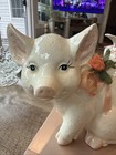 Vintage Ceramic Pick And White Pig Figurine Decorated W ribbons flowers 9   x7   