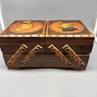 Vintage Wood Tiered Hand Painted Accordion Fold Out Sewing Box  9 X 5 X 4