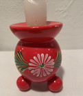 Red Wooden Painted Daisy Vintage Candle Holder Made In Sweden