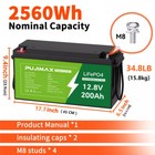 New 2560wh 12v 200ah Lifepo4 Lithium Battery 15000  Deep Cycles Built-in Bms