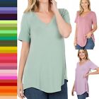 Women s Loose Fit V Neck Short Sleeve T-shirt Long Blouse Basic Soft Tunic Top