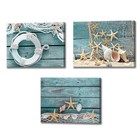 - 3 Piece Canvas Wall Art Starfish Shell On Teal Board Painting Prints Beach