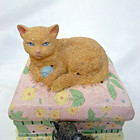 Vtg Ceramic Cottagecore Tuxedo And Orange Cat Trinket Box Flowers Pink Yellow