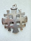Vintage Jerusalem Crusader Cross Pendant   Faux Red Coral Cabochon