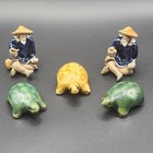 Vintage Asian Fisherman Mud Man Figurine   Hand Made Ceramic Turtles