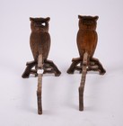 Pair Antique Cast Iron Owl Andirons Glass Eyes Fireplace Log Holder Rustic Rare 