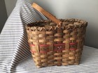 Vtg  Handmade Gathering Basket Splint Woven swing Handle 14 5l X 8w X 10t Signed