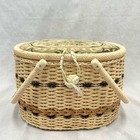 Vintage 70s Tapestry Lid Plastic Wicker Sewing Basket Satin Lining With Handles