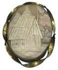 Vintage Old Hand Carved High Relief Shell Cameo Cabin American Flag Brooch Pin