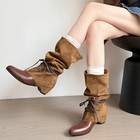 Women Pointed Toe Knee High Boots Lace Up Ankle Boots Hidden Wedge Mid Heel Pump