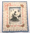 Vintage Rare 1950s Birthday Card Paper Lace Window Frame Sillouette Woman Piano