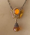 Vintage Necklace Delicate Art Nouveau Brass Pendant Antique Amber Czech Glass