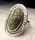 Antique Sz 7 Navajo Indian Sterling Silver Lander Blue Turquoise Stone Bean Ring