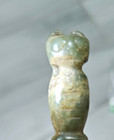 Ancient Carved Green Jade Stone Figural Spike Pendants Human Feline Estate Pair