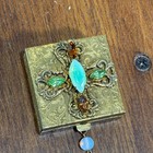 Vtg Brass Pill Box Gold Aqua Jeweled Cross Mirror Tassel Silent Butler