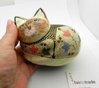 Vintage Cat Kitty Trinket Box Papier Mache Hand Painted Flower Pattern India