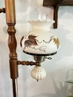 Vtg Mcm 3-light Tension Pole Lamp Brass Wood Milk Glass Maple Leaf Hurricane