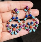 Vintage Navajo Signed Sterling Silver Turquoise  Multi Stone Cluster Earrings
