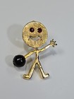 Stick Man Bowler Tie Tack Lapel Pin Gold Color Holding Black Bowling Ball