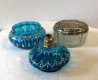 Vtg Blue White Filigree Glass Atomizer Perfume Bottle Pewter Crystal Trinket Box