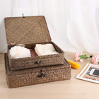 Set Of 2 Flat Wicker Storage Basket Bins With Lid Woven Seagrass Box