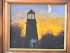 Vintage Oak Frame Lighthouse Painting Night Scene Old World