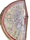 Antique C1800s French Hand Carved Painted Mother Of Pearl Scenic Silk Fan Framed