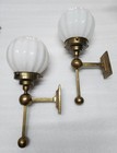 Pair Vintage Art Deco Brass Milk Glass Shad Wall Fixture Sconces Ship Light Lamp