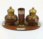 Vintage Enameled Brass Salt Pepper Toothpick Holder Set