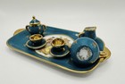 Vintage Porcelain Miniature Limoges France Tea Set Teal Gold Trim