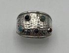 Vintage Taxco Hammered Sterling Silver Wide Cuff Bracelet  Multi Stones  Signed
