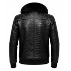 Men s Black Crocodile Embossed Bomber Jacket Faux Fur Lined Leather Coat