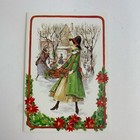 Vintage Mid Century Christmas Greeting Card Pretty Girl Green Coat Snowy Street