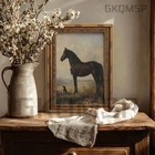 Vintage Horse Canvas Wall Art 9x11 Gold Frame Dog Painting Farmhouse Decor