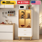 Modern Fluted Display Storage Cabinet With Glass Door  2 Drawers And Adjustable
