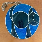 Vintage Cat Kitten Round Stained Glass Panel Suncatcher 10  Black Blue Mcm
