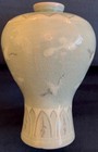 Korean Celadon Hand Painted Porcelain Cranes Vase Signed